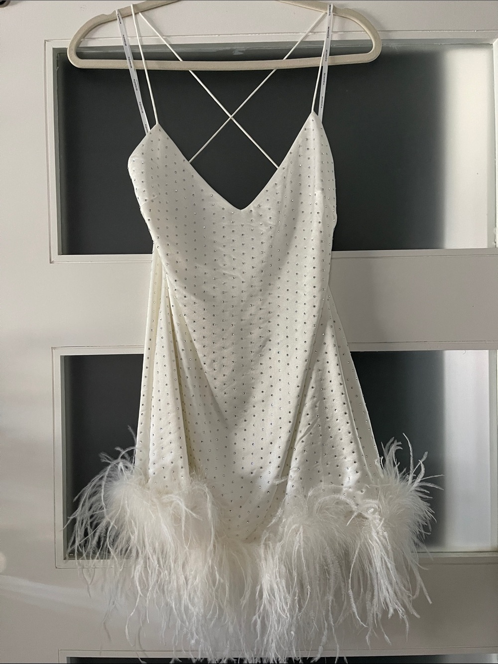 Retrofête White Susana Feather Mini Dress with Rhinestone Detail